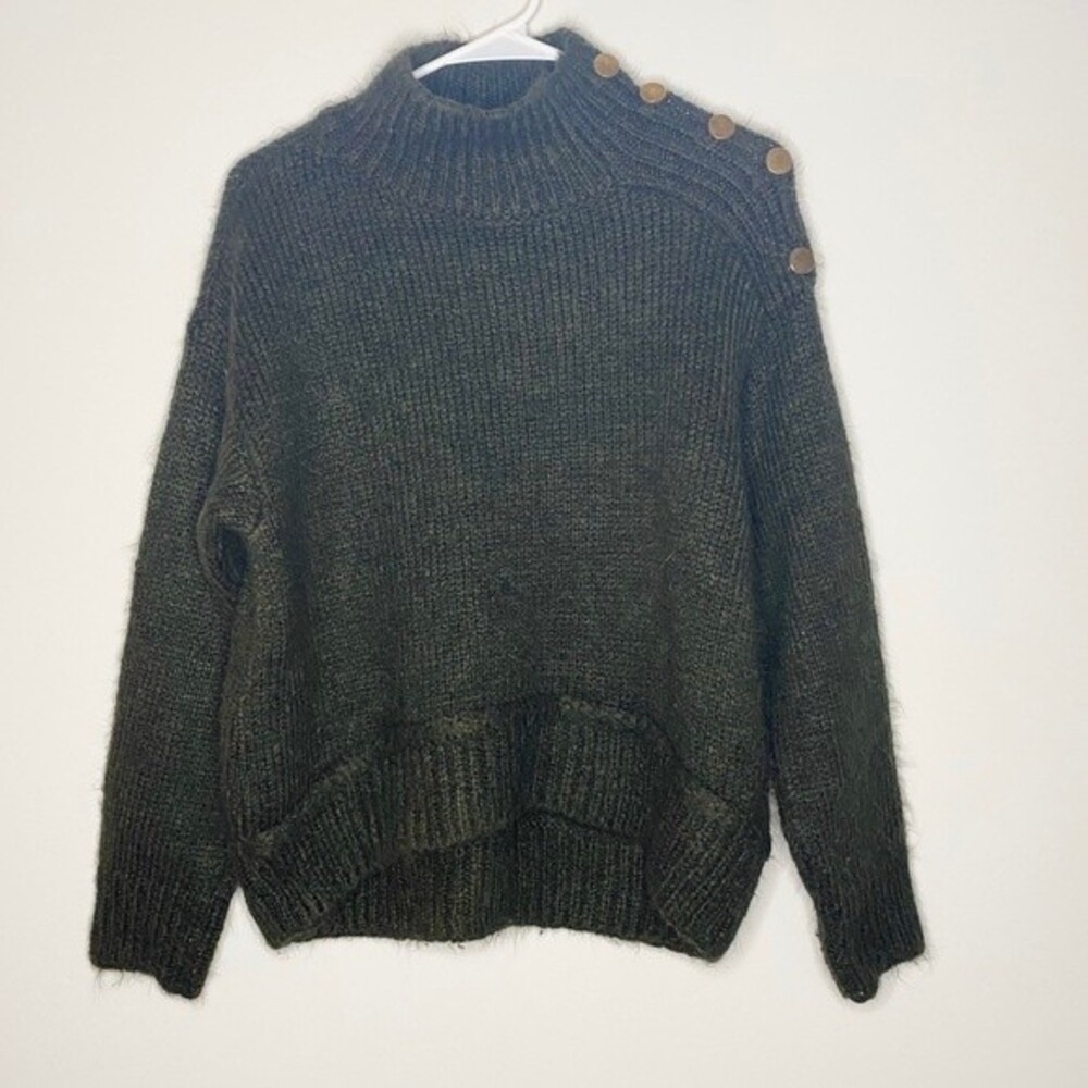 Topshop Green Turtleneck Sweater Chunky Ribbed Button Details Size 4-6
